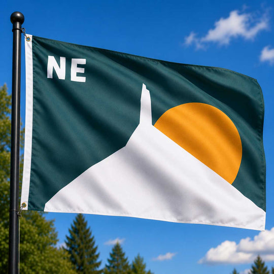 A flag on a black pole outdoors under a blue sky with clouds and trees. The flag is dark green with a large white mountain shape, a yellow-orange sun, and the letters "NE" in white near the upper left.