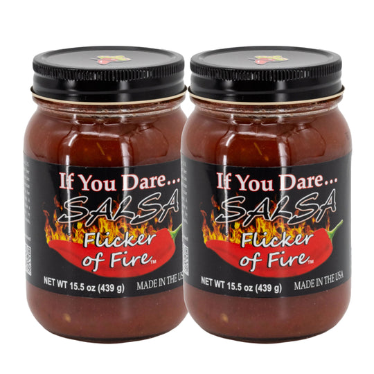 Two jars of 'If You Dare... Salsa Flicker of Fire' on a white background