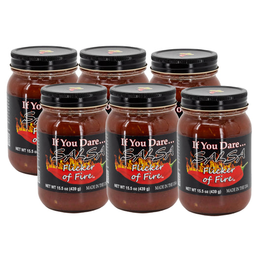 Six jars of 'If You Dare... Salsa Flicker of Fire' on a white background