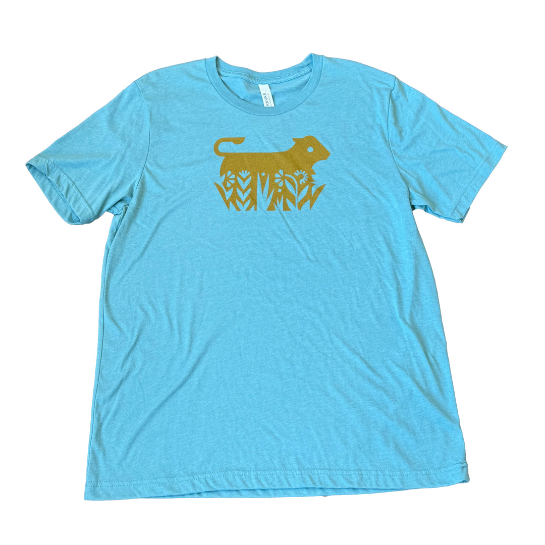 Blue t-shirt with a gold graphic design on a white background