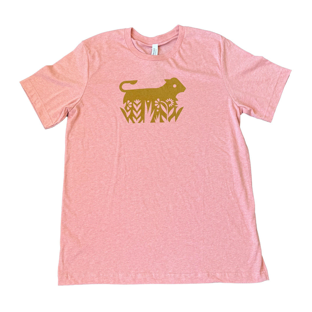 Pink t-shirt with a gold lion graphic on a white background