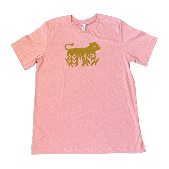 Pink t-shirt with a gold lion graphic on a white background