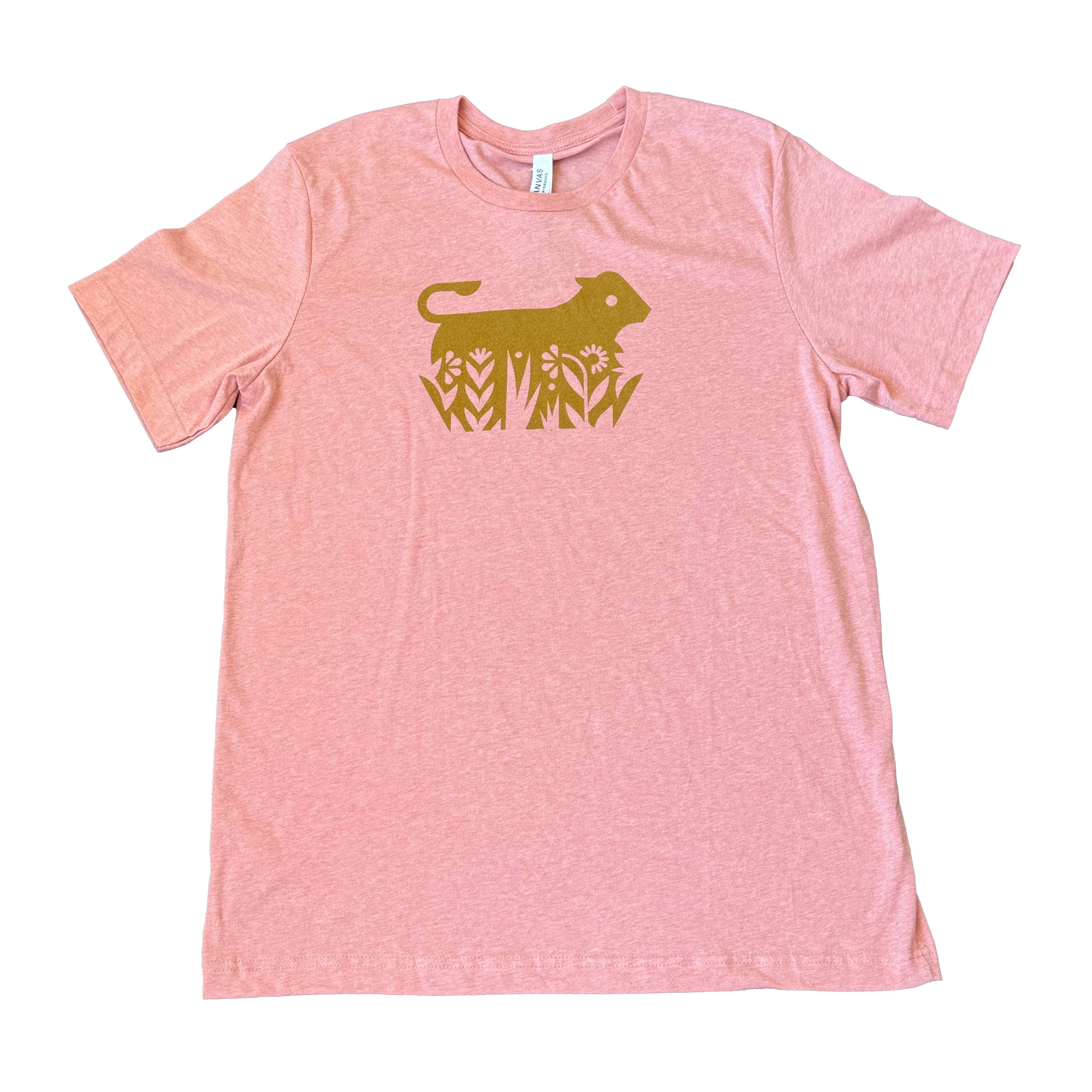 Pink t-shirt with a gold lion graphic on a white background