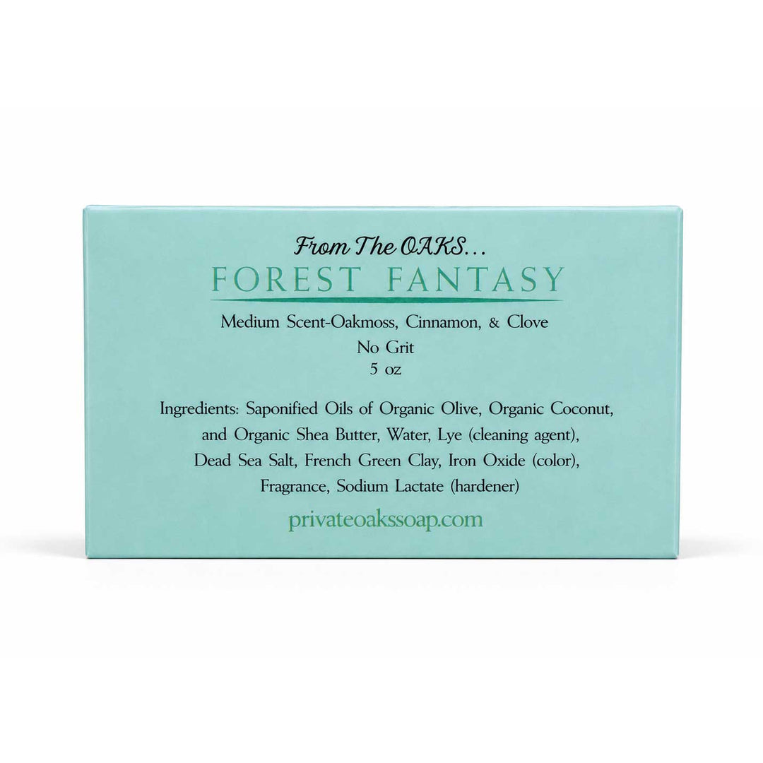 A square mint green box for 'Forest Fantasy' scented soap by 'From The OAKS.
