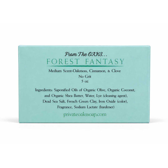 A square mint green box for 'Forest Fantasy' scented soap by 'From The OAKS.