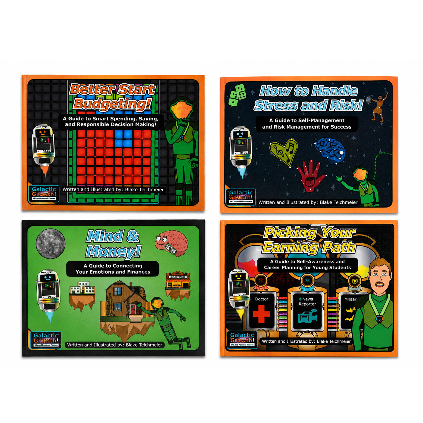Four colorful educational book covers arranged in a 2x2 grid on a black background. The titles visible are 'Better Start Budgeting!', 'How to Handle Stress and Stress-Free Living', 'Mind & Money!', and 'Picking Your Earning Path'.