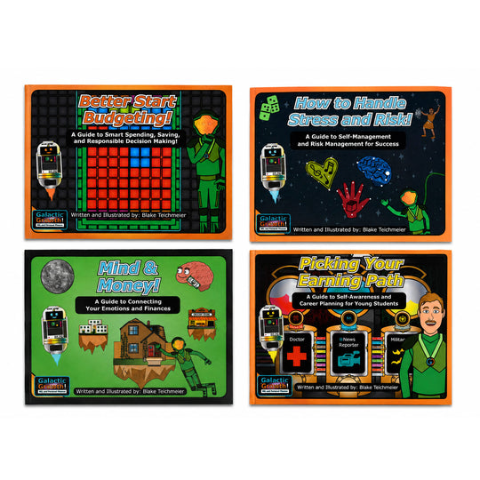 Four colorful educational book covers arranged in a 2x2 grid on a black background. The titles visible are 'Better Start Budgeting!', 'How to Handle Stress and Stress-Free Living', 'Mind & Money!', and 'Picking Your Earning Path'.