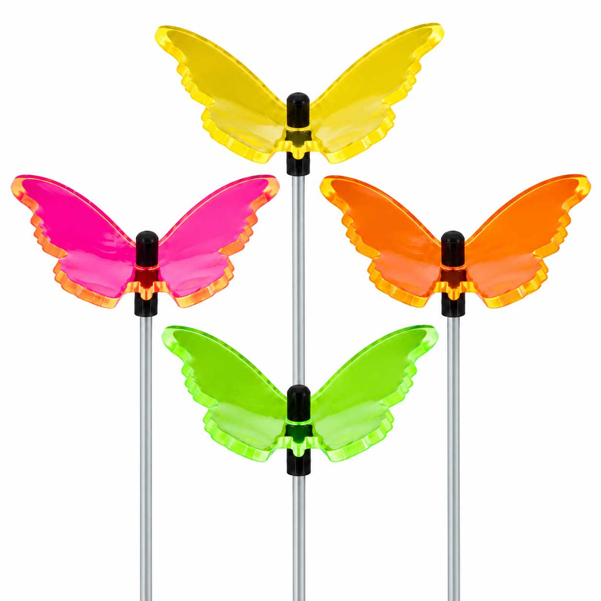 Four garden butterflies on a stick on a white background
