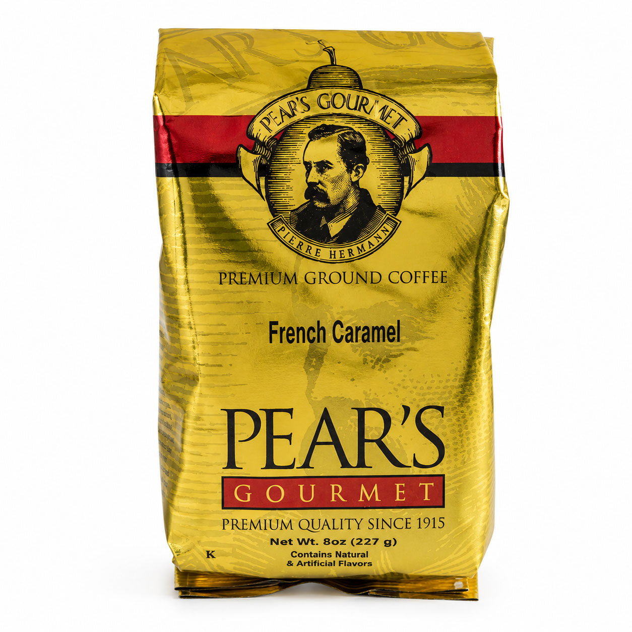Pear's Gourmet Premium Ground Coffee package with yellow and red design.