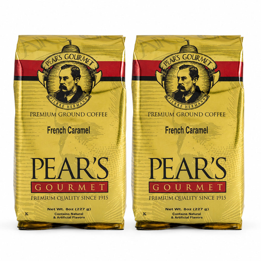 Two packages of Pear's Gourmet Premium Ground Coffee French Caramel on a white background