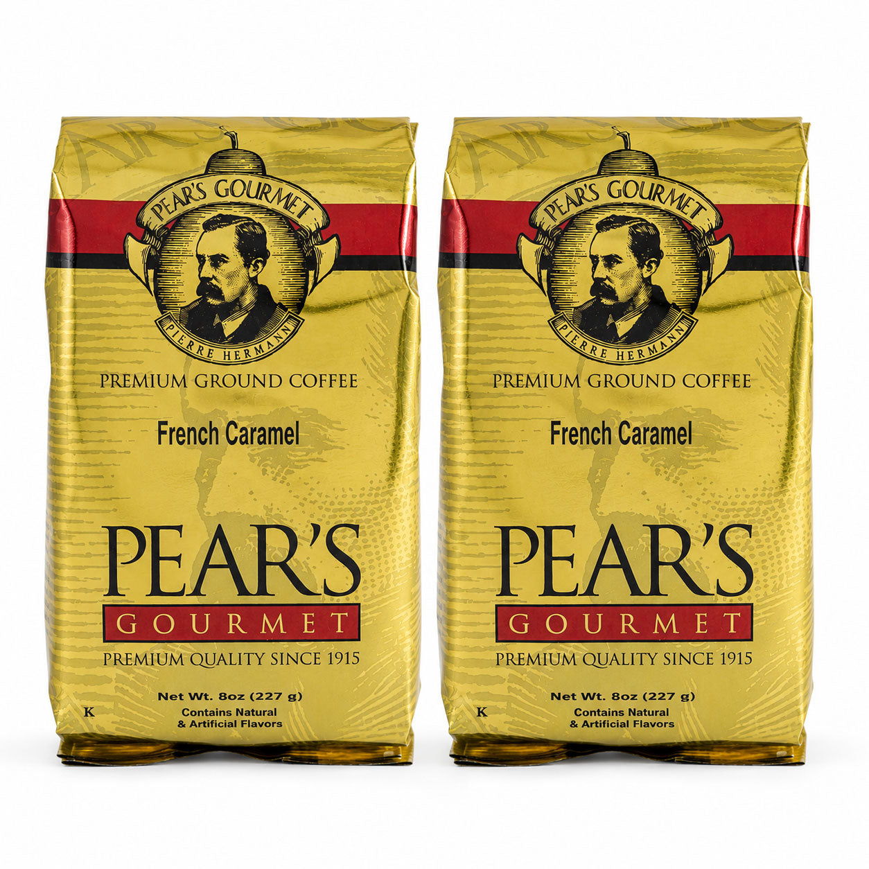 Two packages of Pear's Gourmet Premium Ground Coffee French Caramel on a white background