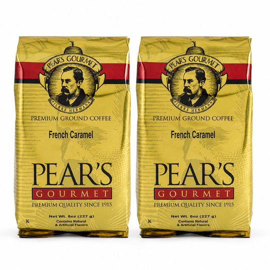 Two packages of Pear's Gourmet Premium Ground Coffee French Caramel on a white background