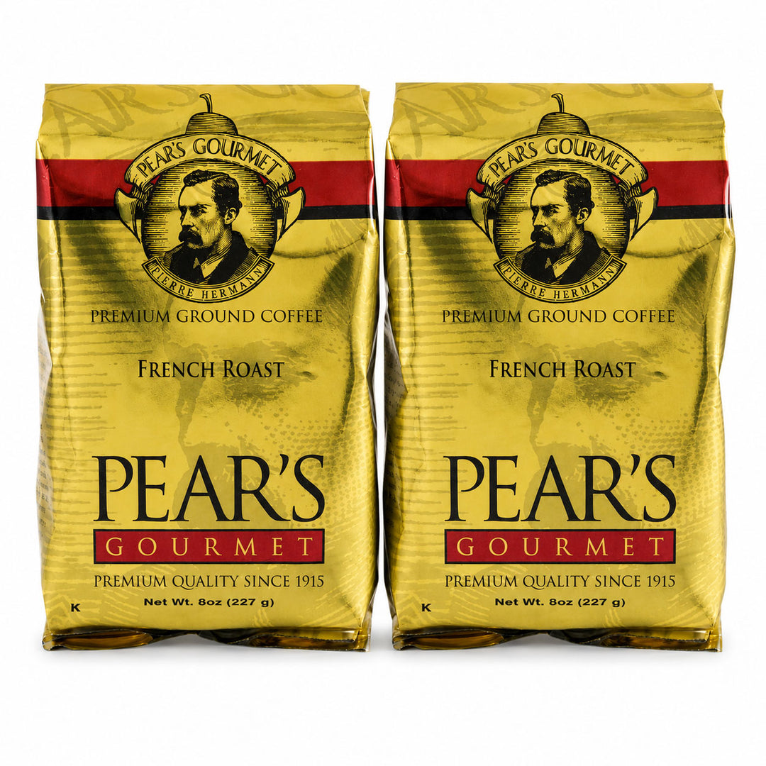 Two bags of Pear's Gourmet Premium Ground Coffee French Roast on a white background