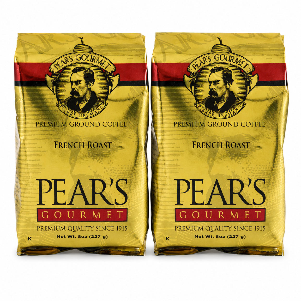 Two bags of Pear's Gourmet Premium Ground Coffee French Roast on a white background