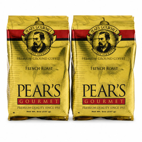 Two bags of Pear's Gourmet Premium Ground Coffee French Roast on a white background