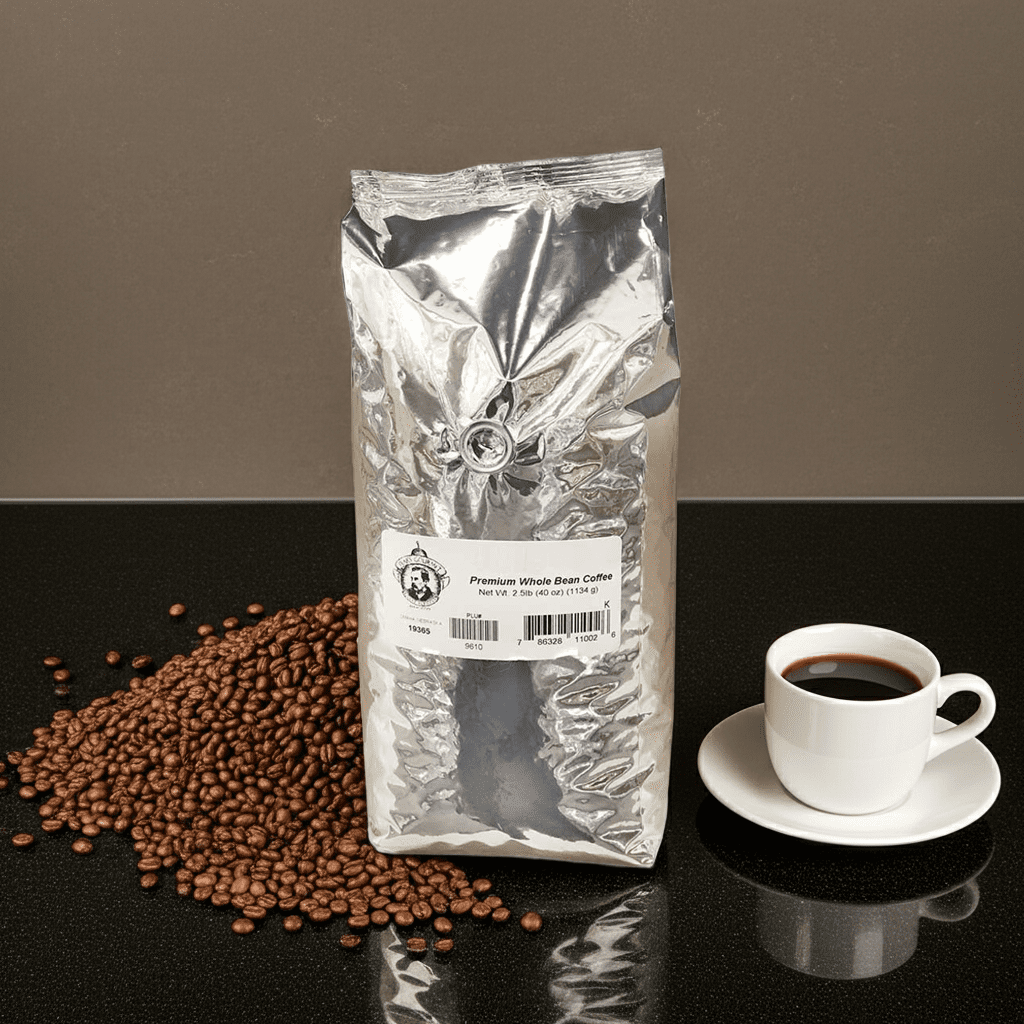 Silver coffee bag with a label, coffee beans, and a white cup of coffee on a black surface.