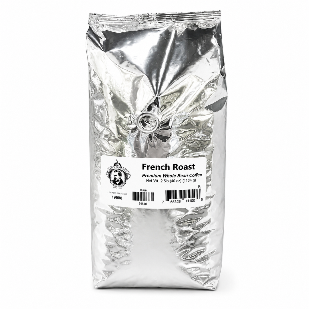Silver coffee bag labeled 'French Roast' on a white background