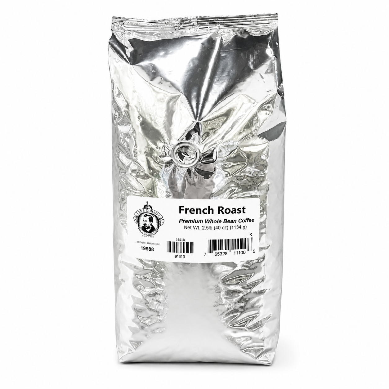Silver coffee bag labeled 'French Roast' on a white background
