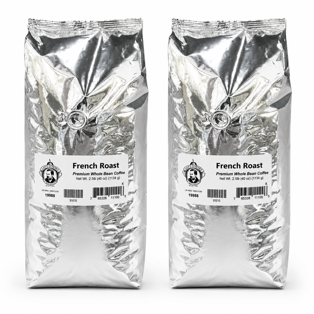 Two packages of French Roast coffee on a white background