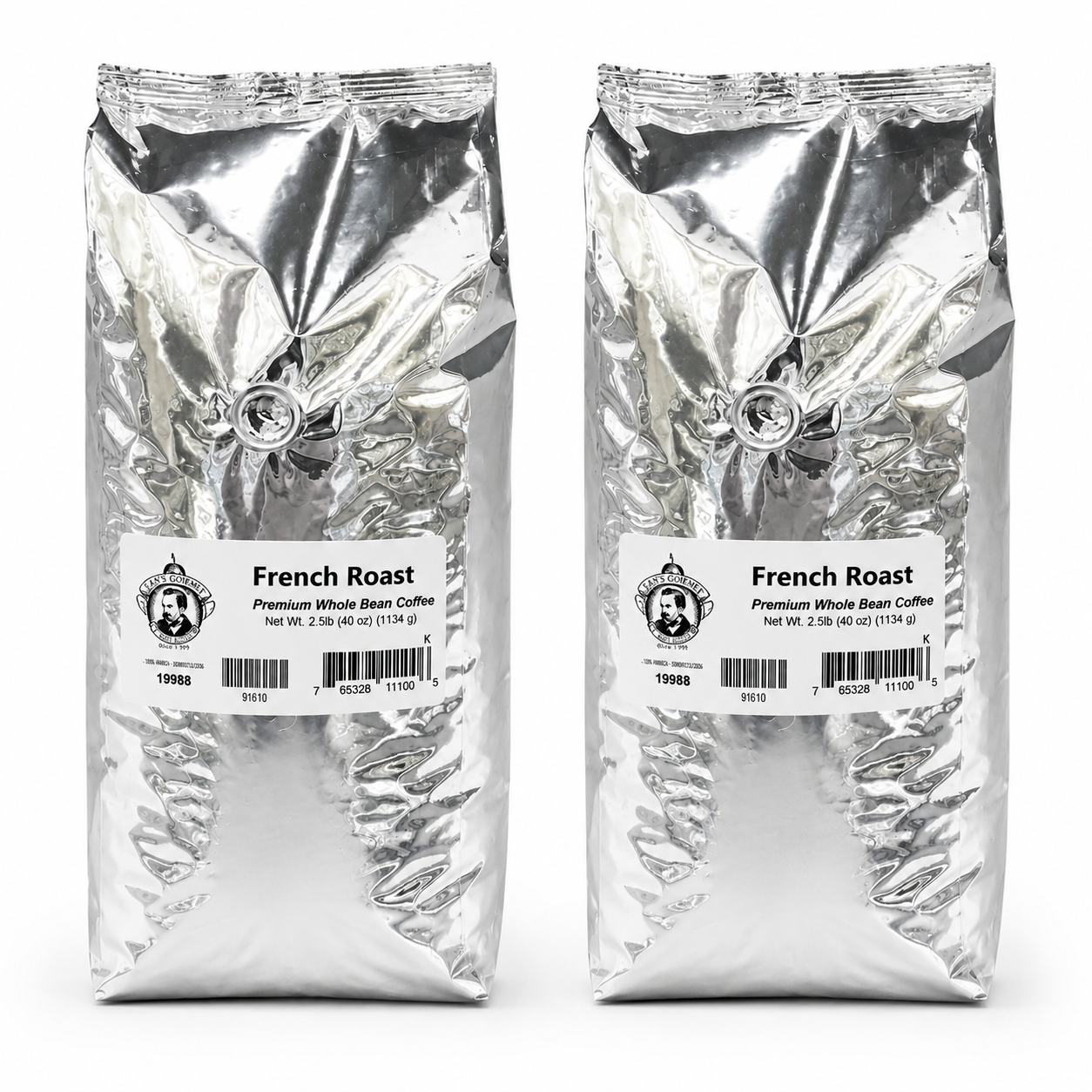 Two packages of French Roast coffee on a white background