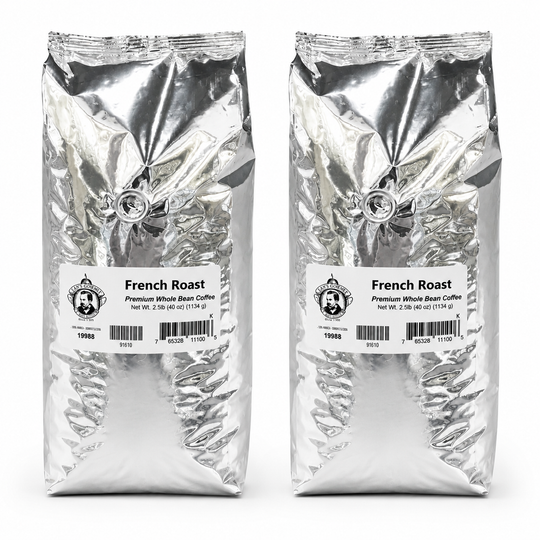 Two packages of French Roast coffee on a white background