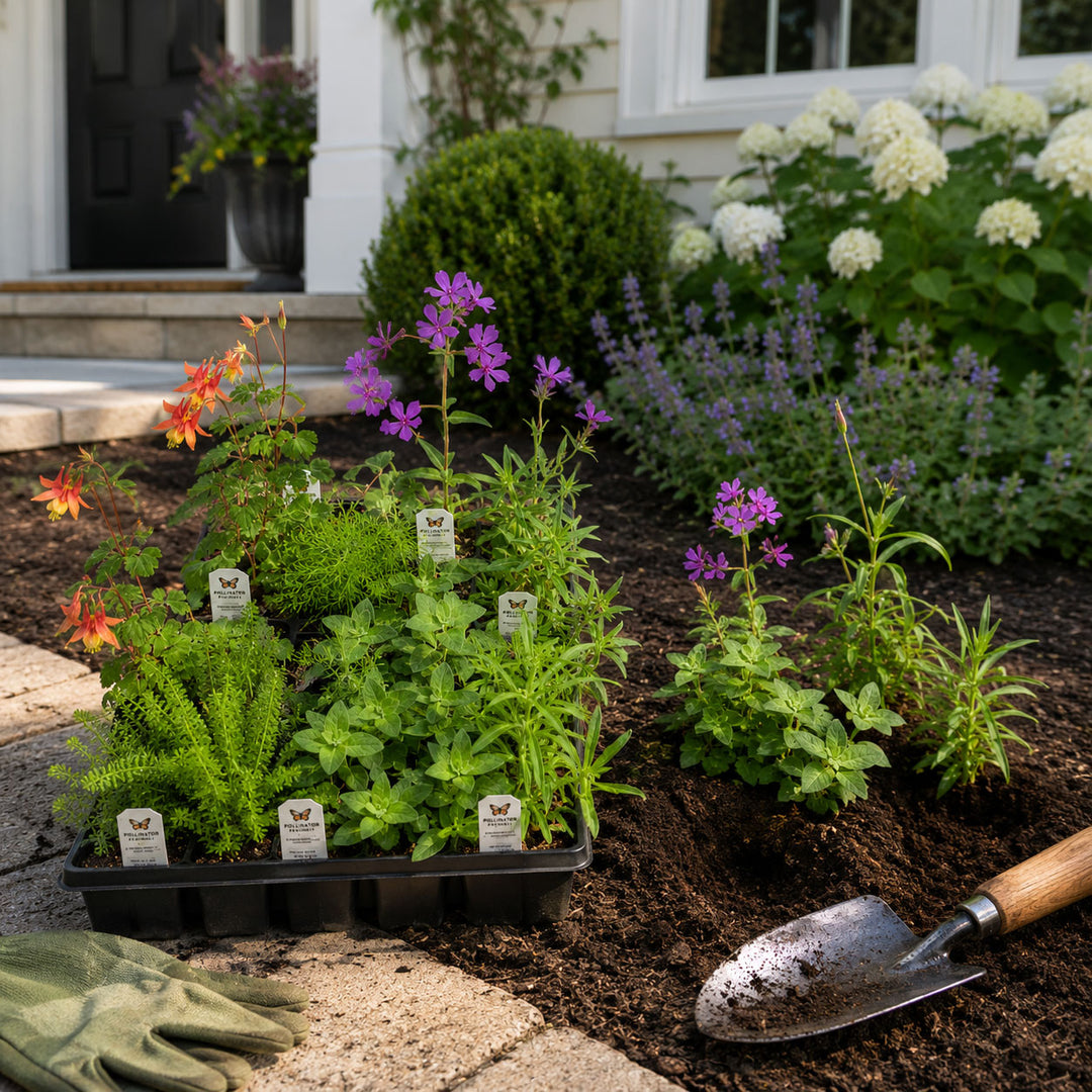 Garden bed with young plants, gardening tools, and gloves in front of a house.