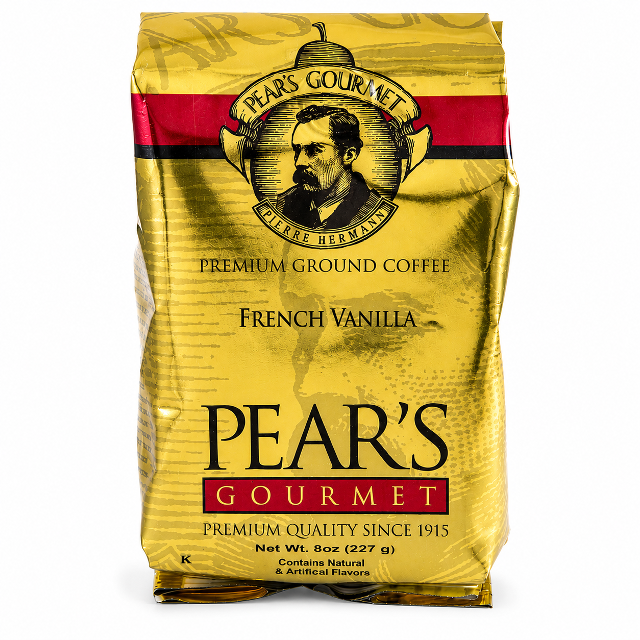 Bag of Pear's Gourmet Premium Ground Coffee French Vanilla flavor on a white background