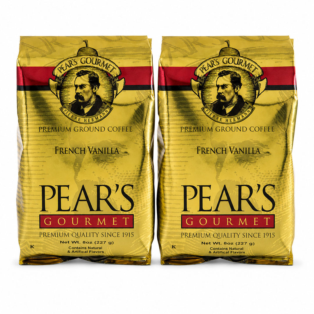 Two packages of Pear's Gourmet French Vanilla coffee on a white background