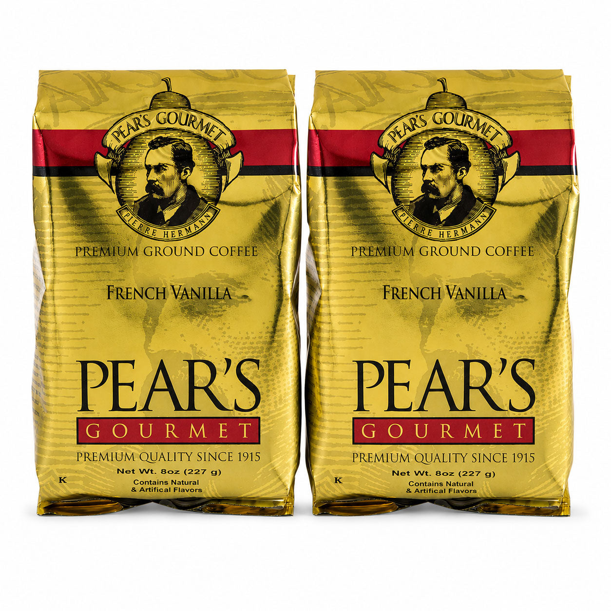 Two packages of Pear's Gourmet French Vanilla coffee on a white background