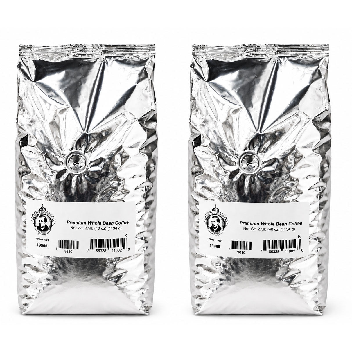 Two packages of premium whole bean coffee with labels on a white background