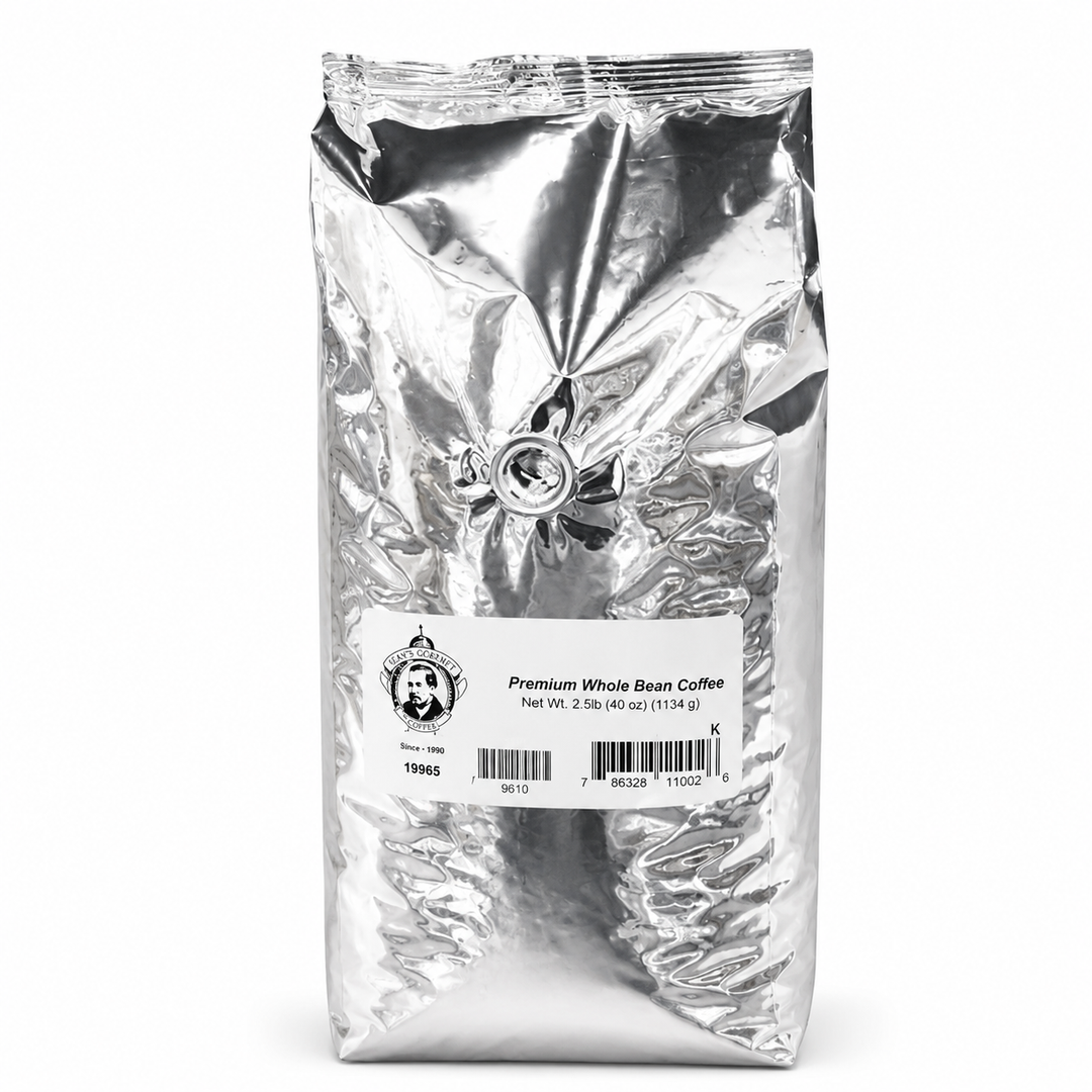 Silver coffee bag with a label on a white background