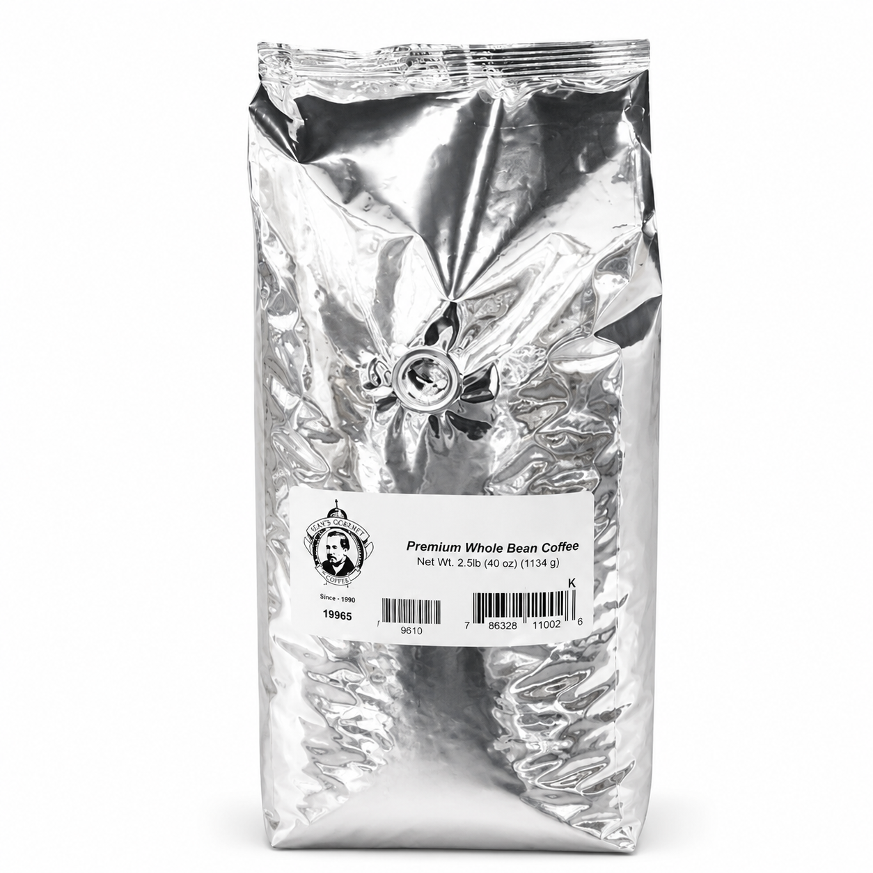 Silver coffee bag with a label on a white background