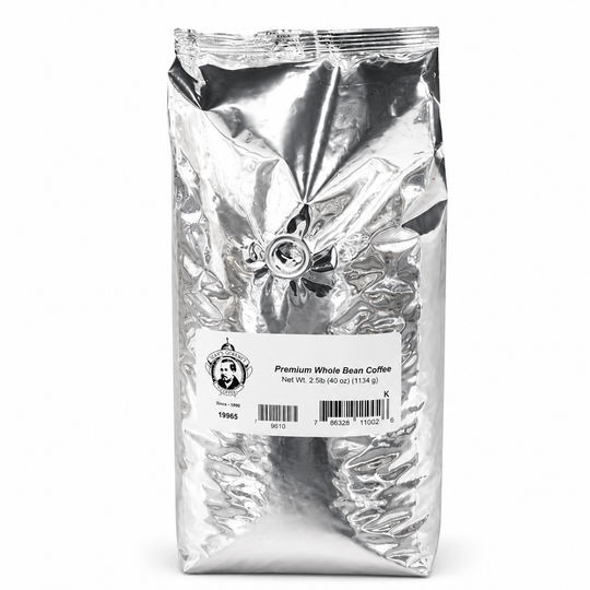 Silver coffee bag with a label on a white background