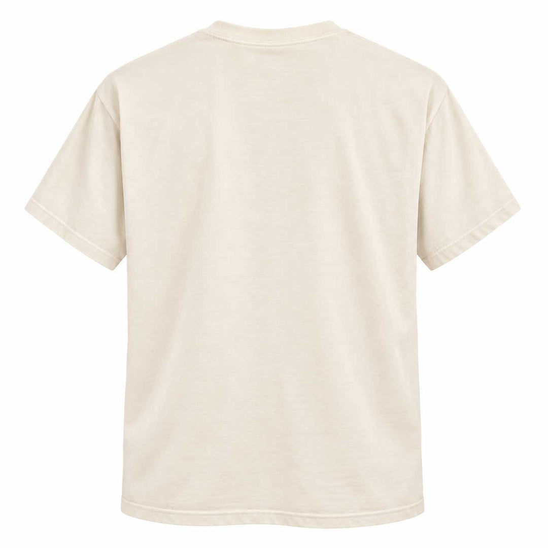 A plain cream-colored short-sleeve t-shirt shown from the back, photographed against a solid white background.