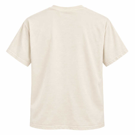 A plain cream-colored short-sleeve t-shirt shown from the back, photographed against a solid white background.