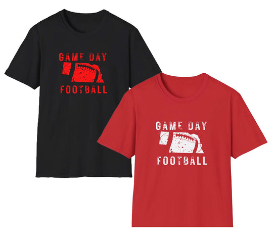Black and red t-shirts with 'Game Day Football' text and graphic on a white background
