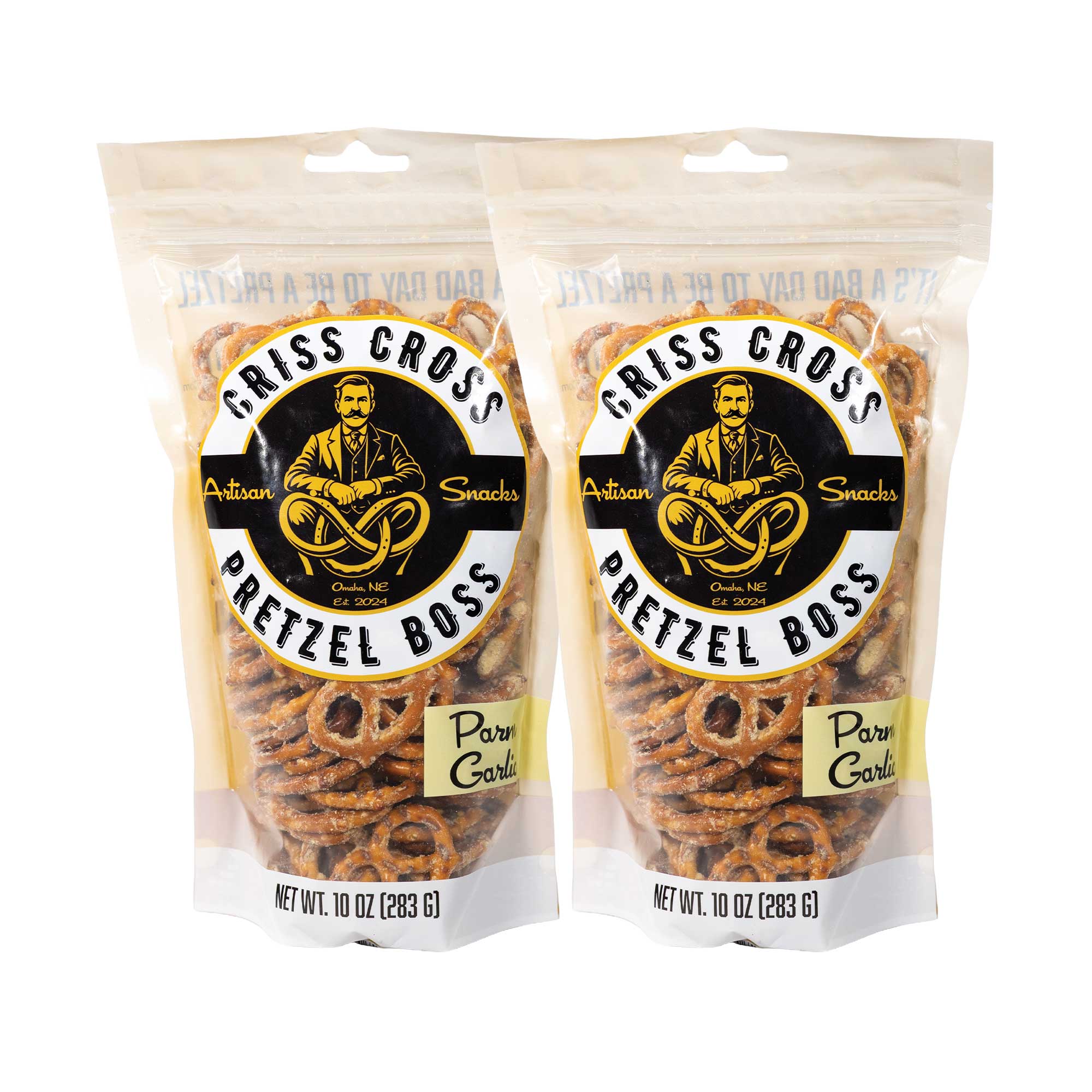 Two packages of Criss Cross Pretzel Boss Parm Garlic pretzels on a white background