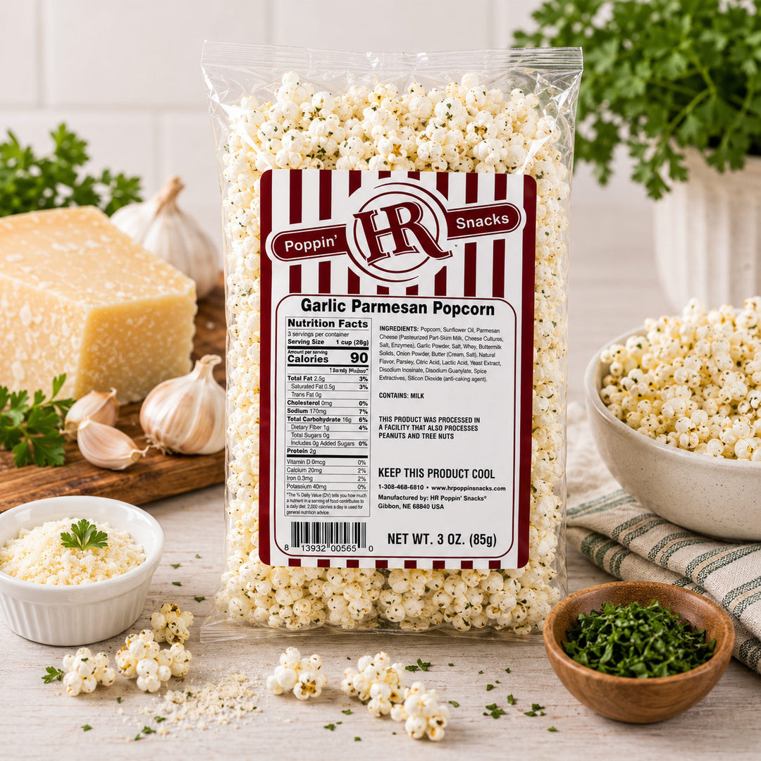 A 3 oz bag of Poppin' Snacks Garlic Parmesan Popcorn stands on a light wood surface, surrounded by garlic, parmesan cheese, bowls of popcorn, and fresh parsley. The bag features a red and white striped label with the brand logo 'Poppin' Snacks'.