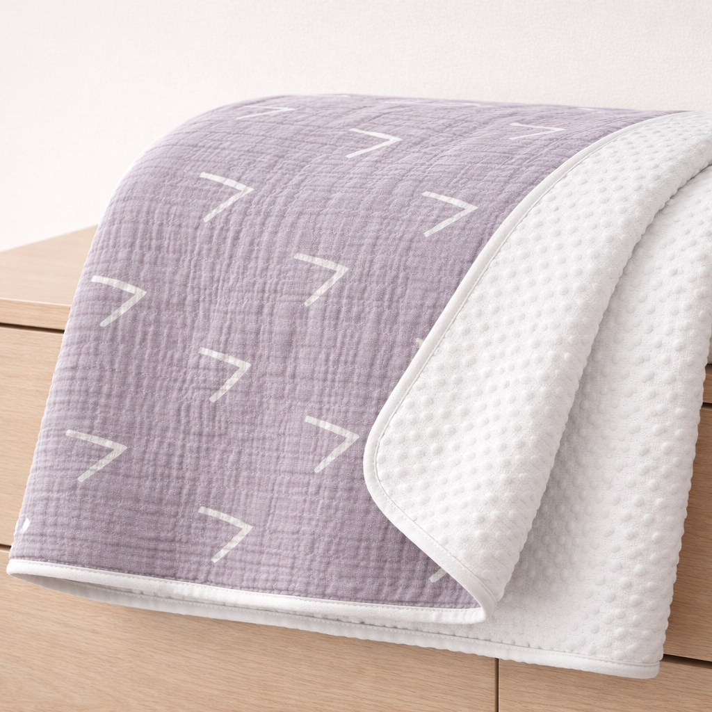 Folded quilt with geometric pattern on a wooden surface