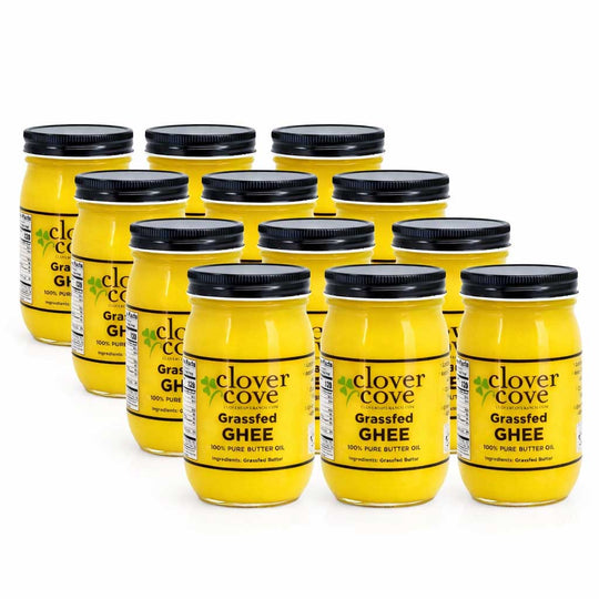 Multiple jars of Clover Cove Grassfed Ghee on a white background