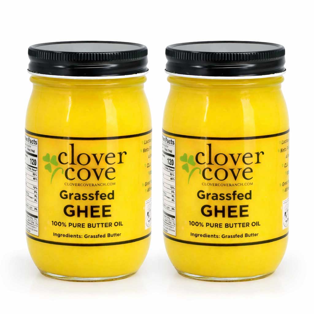 Two jars of Clover Cove Grassfed Ghee on a white background