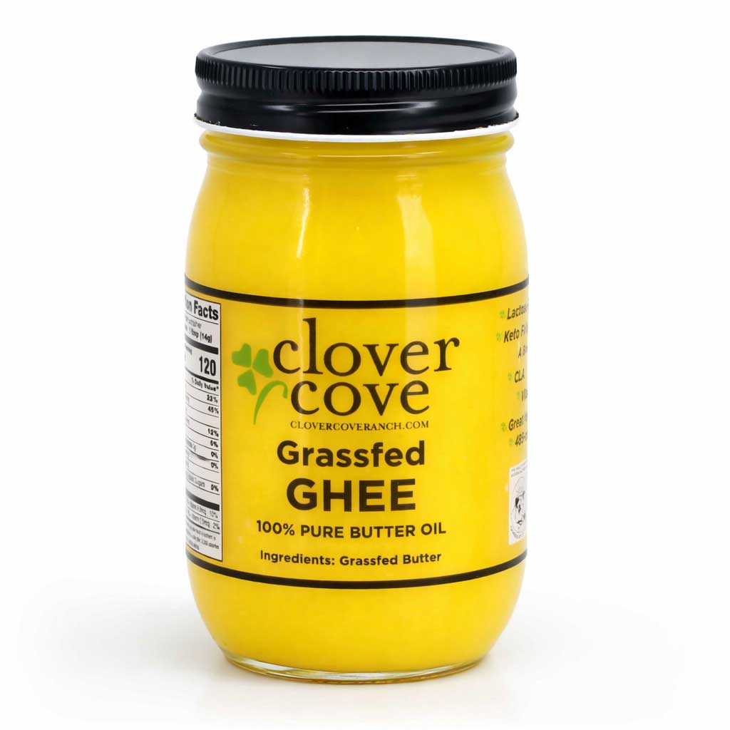 Jar of Clover Cove Grassfed Ghee on a white background