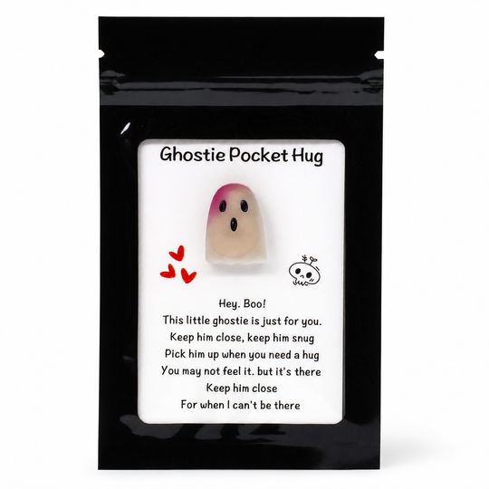 Ghostie Pocket Hug product packaging with a ghost illustration and text on a white background.