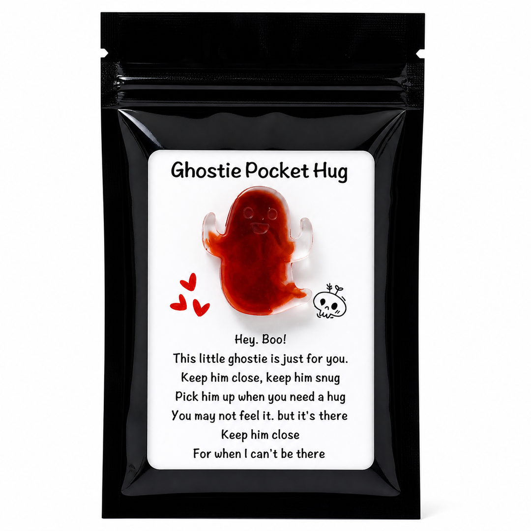 Ghostie Pocket Hug packaging with a ghost illustration and text on a white background