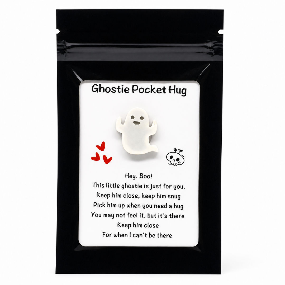 Ghostie Pocket Hug product packaging with text and ghost illustration