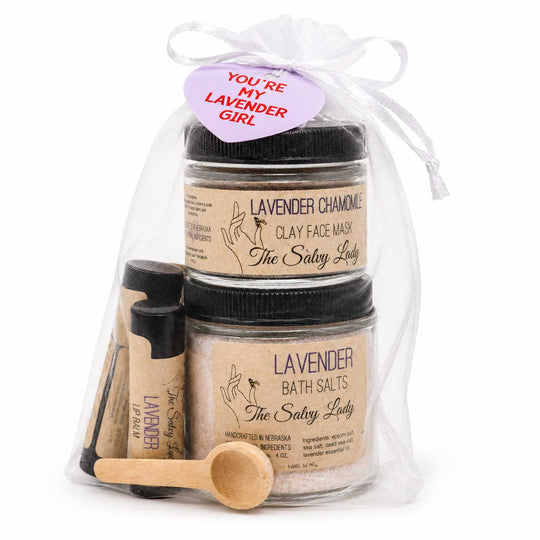 Set of lavender-themed skincare products from 'The Salty Lady' in a clear bag with a decorative tag.
