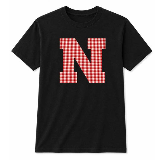 A black short-sleeve crewneck t-shirt featuring a large letter 'N' on the chest filled with a red and white gingham checkered pattern, shown against a plain white background.