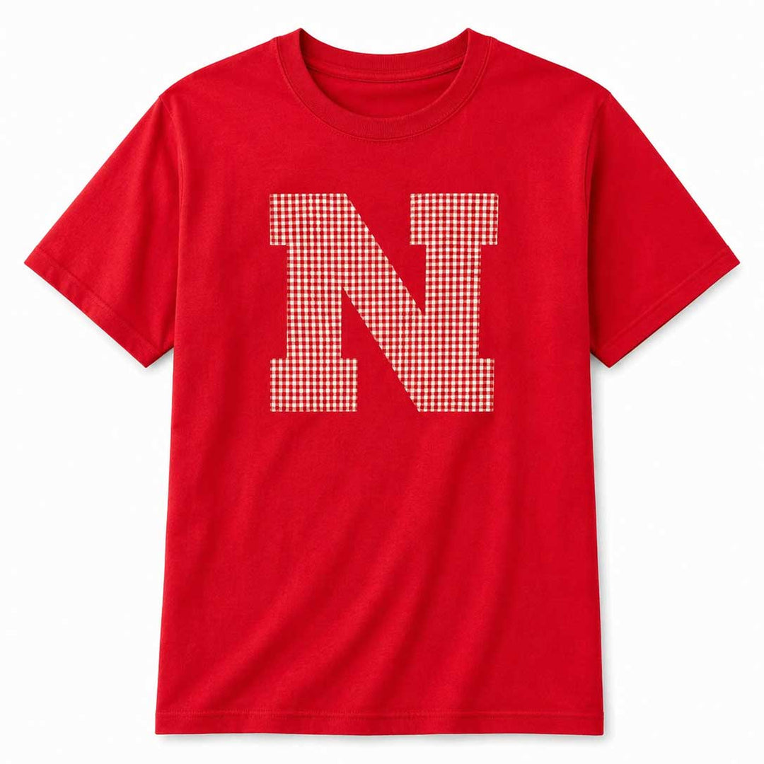 N Sewn Appliqué Red Gingham Licensed Youth Shirt | Multiple Sizes | H.Flynn Designs