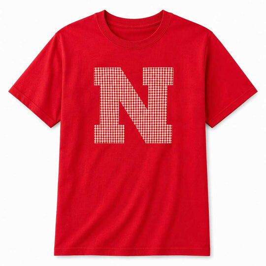 N Sewn Appliqué Red Gingham Licensed Youth Shirt | Multiple Sizes | H.Flynn Designs