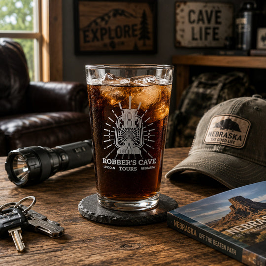 A clear glass drinking cup filled with iced dark cola sits on a coaster on a wooden table in a rustic room. The cup is etched with a mountain and the words 'Robber's Cave' and 'Lincoln Tours Nebraska.